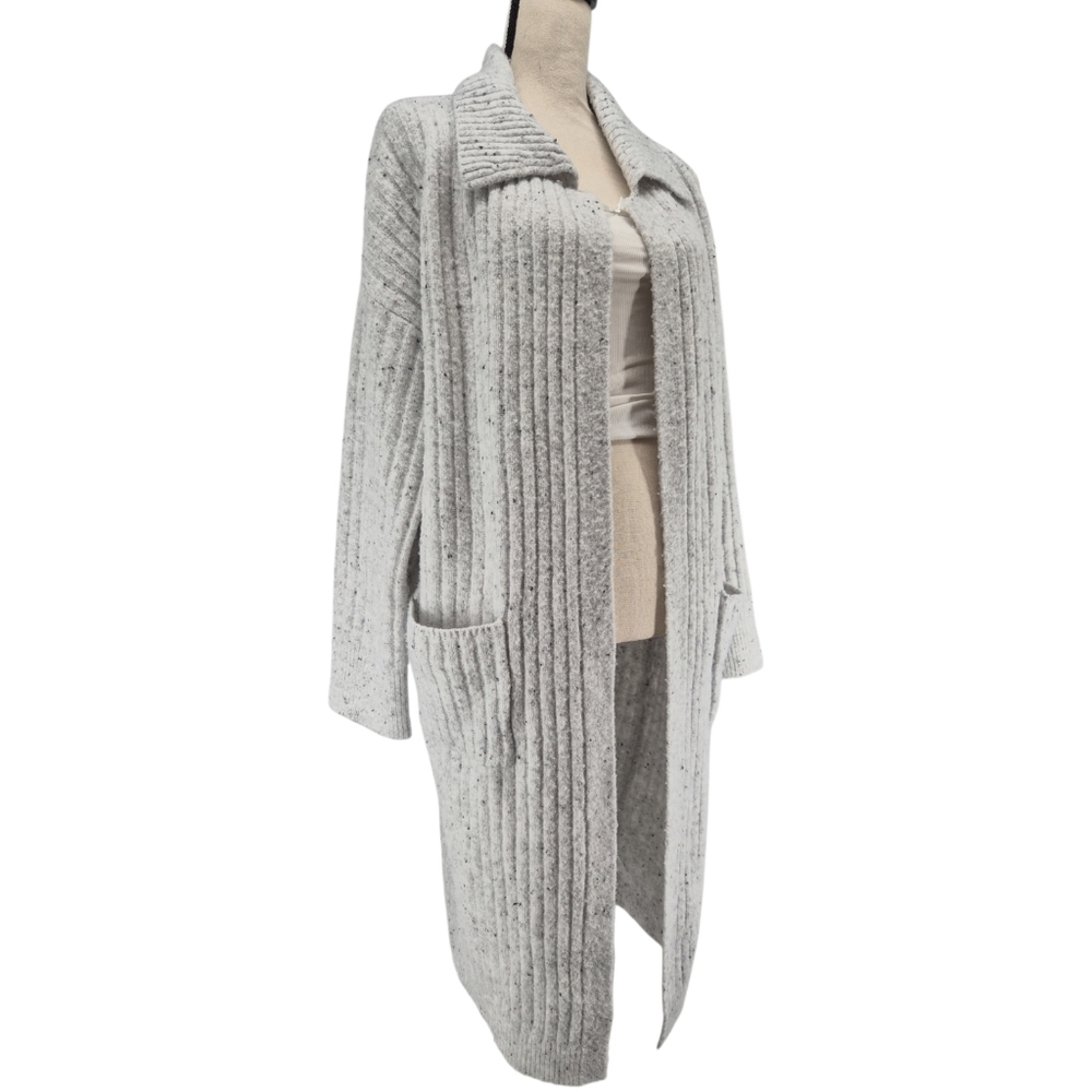 Song of Style Long Ribbed Knit Sz Large Soft Cardigan Duster Gray‎ Fleck Pockets